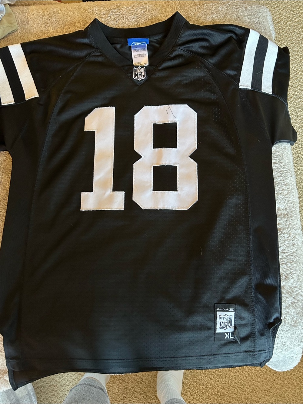 Reebok Youth XL 18-20 Black Football Manning Jersey with White #18